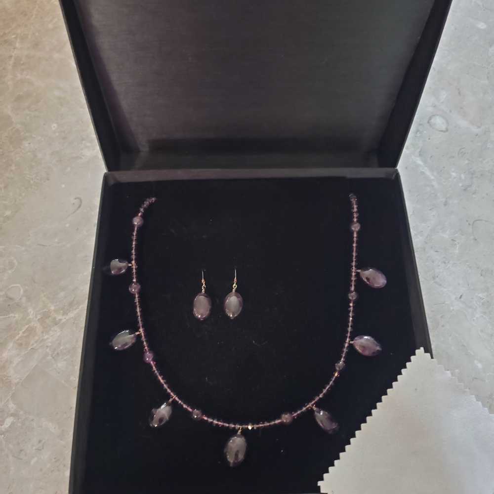 Purple Bead Necklace with Matching Drop Earrings